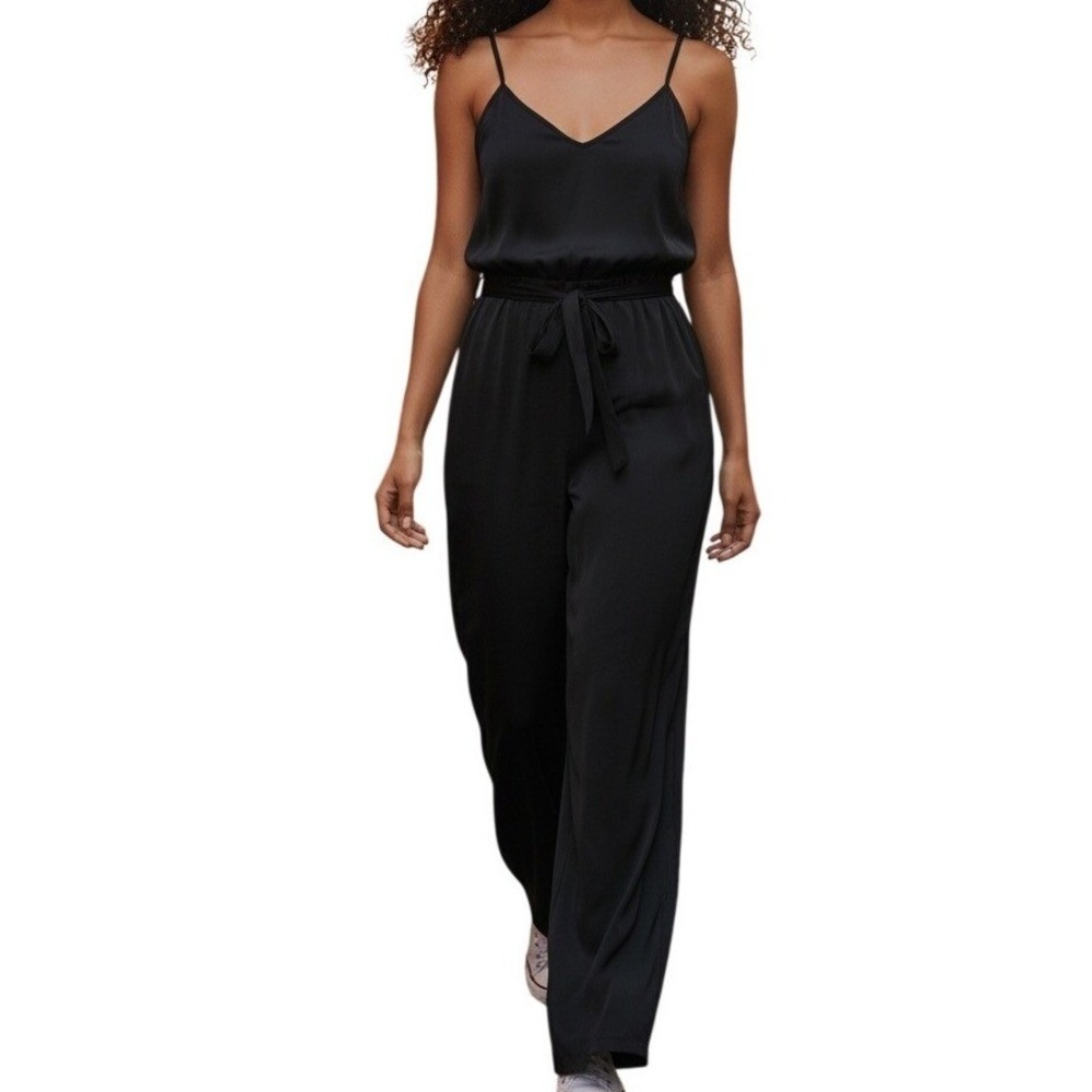 🆕 NATION LTD Black Spaghetti Strap Drawstring Waist Wide Leg Jumpsuit NWT XS